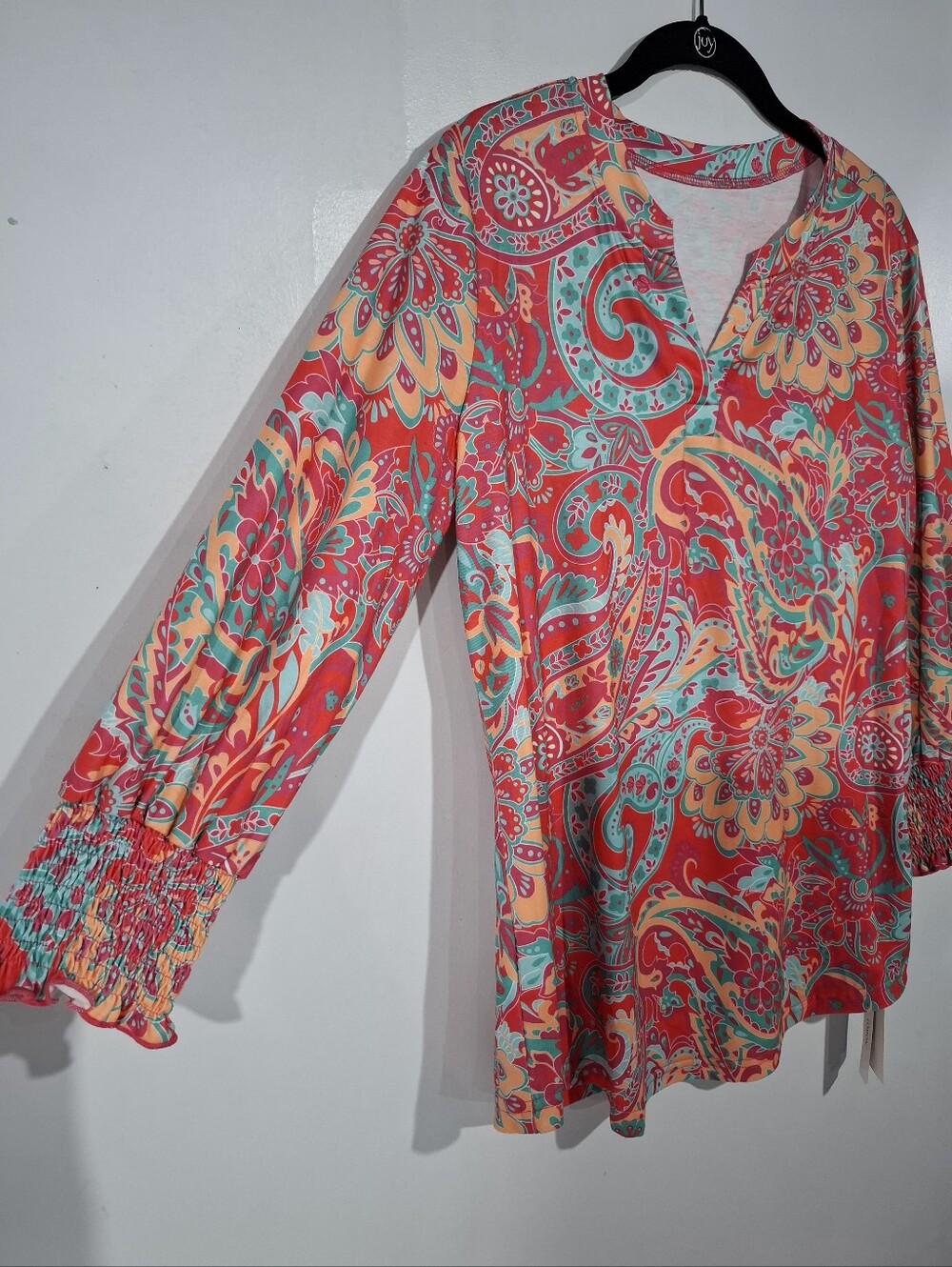 LOMON Paisley Multicolor V-Neck Tunic Top Smocked 3/4 Sleeves Soft Casual Sz M - Picture 6 of 15